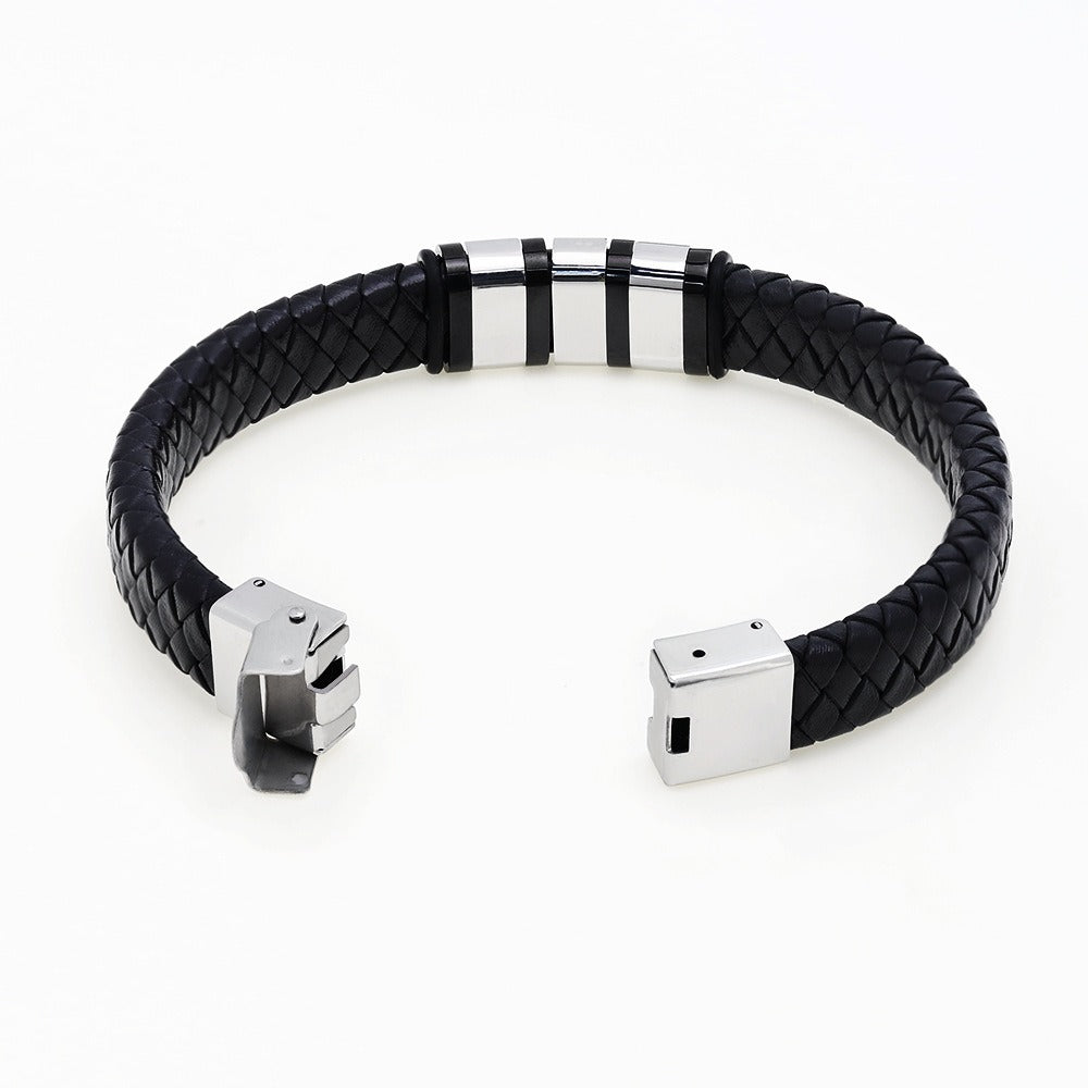 Men's Personalized Black Leather Name Bracelet
