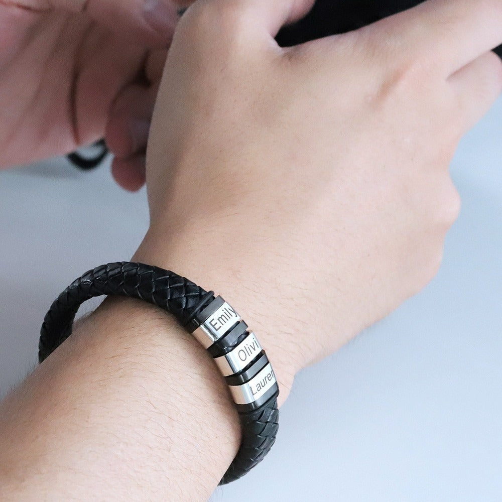 Men's Personalized Black Leather Name Bracelet