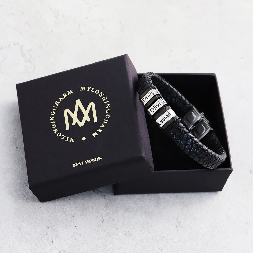 Men's Personalized Black Leather Name Bracelet