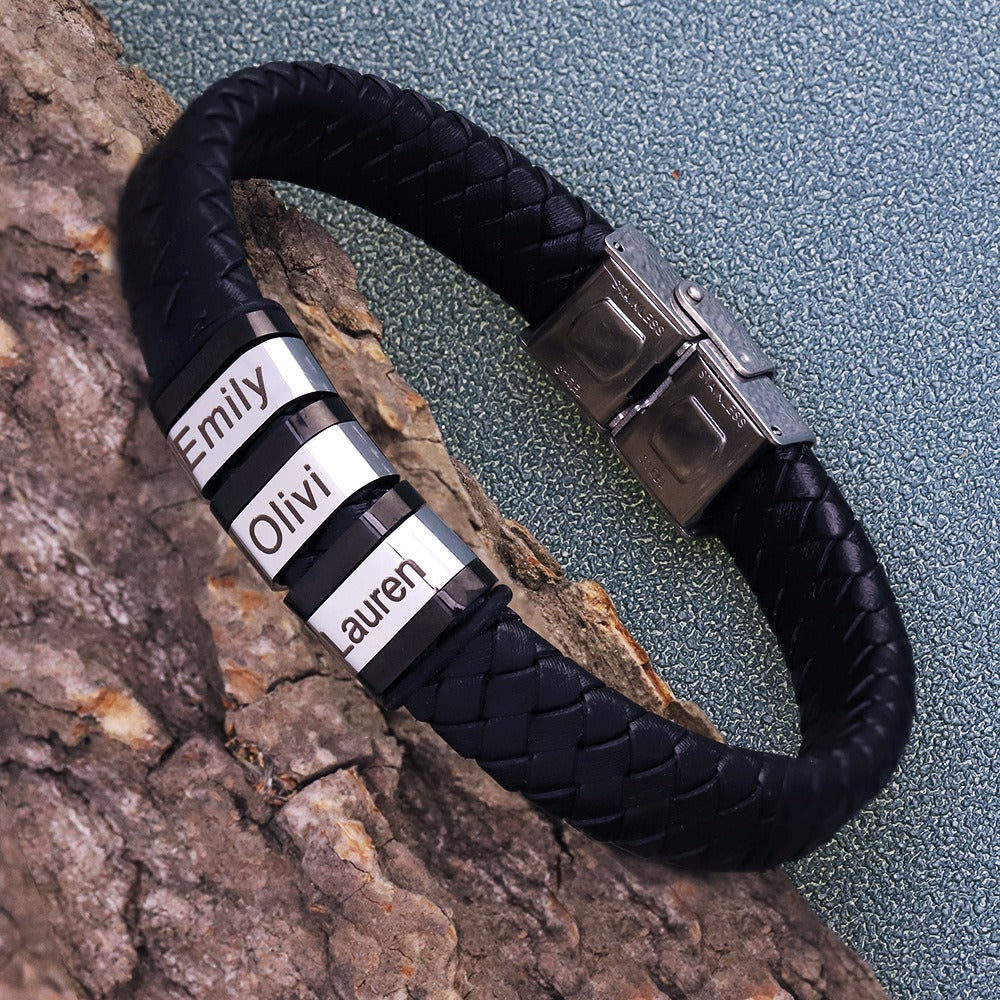 Men's Personalized Black Leather Name Bracelet