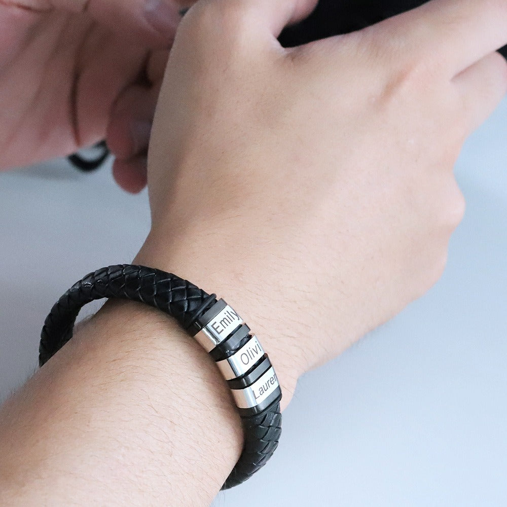 Men's Personalized Black Leather Name Bracelet