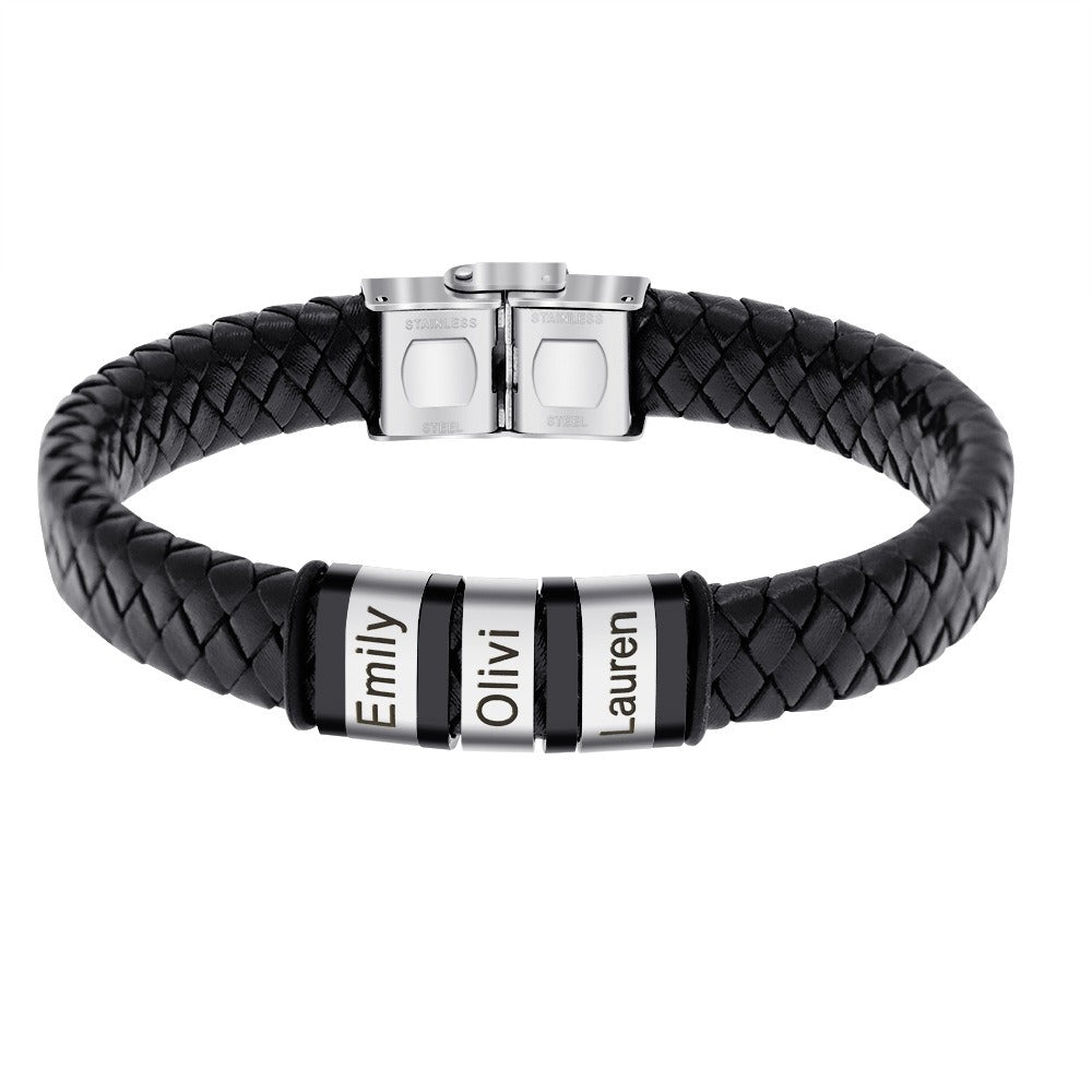 Men's Personalized Black Leather Name Bracelet