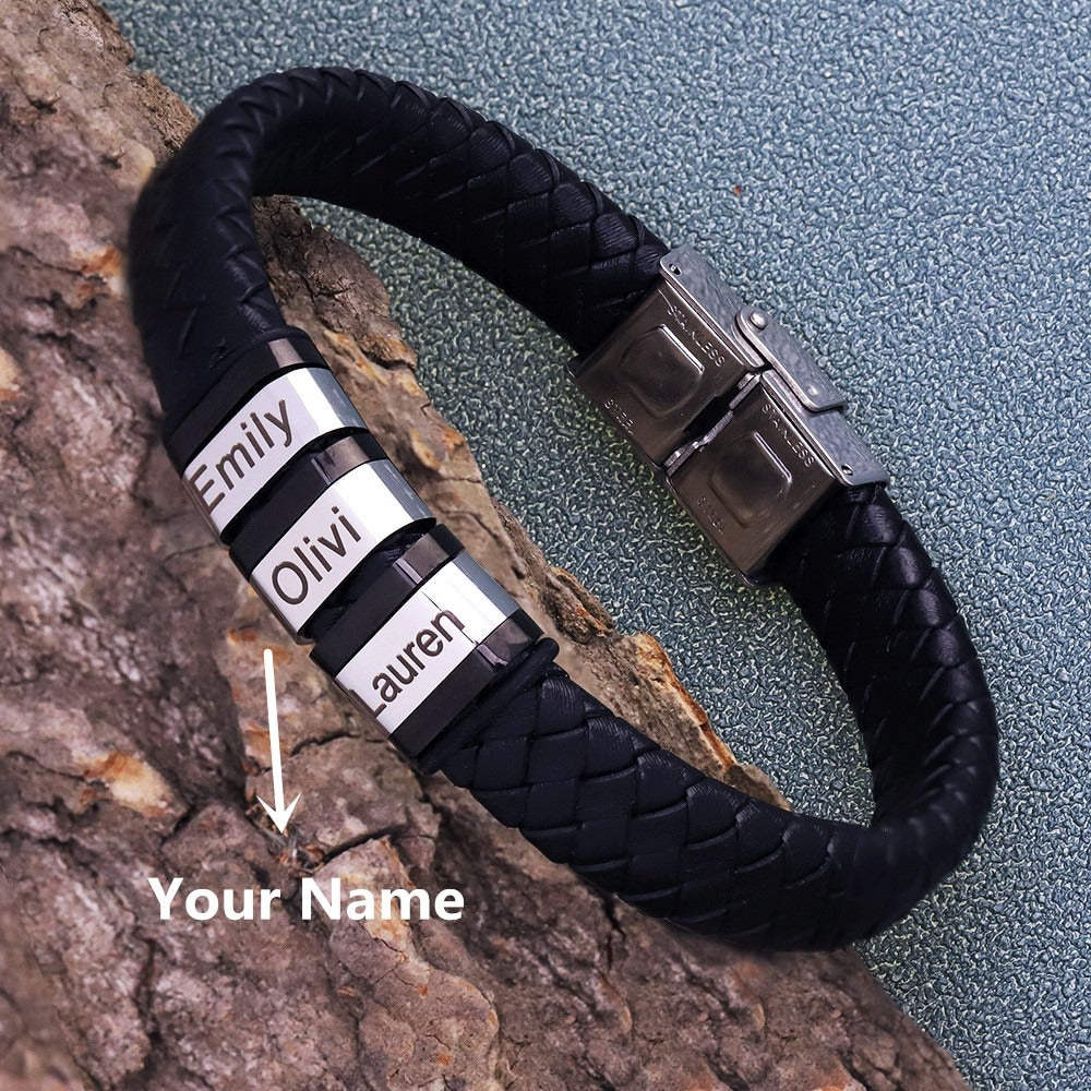 Men's Personalized Black Leather Name Bracelet