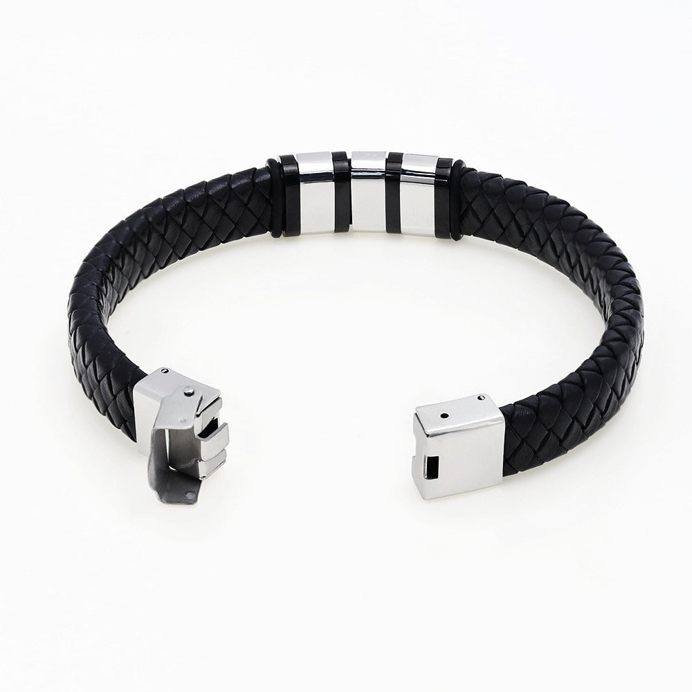Men's Personalized Black Leather Name Bracelet